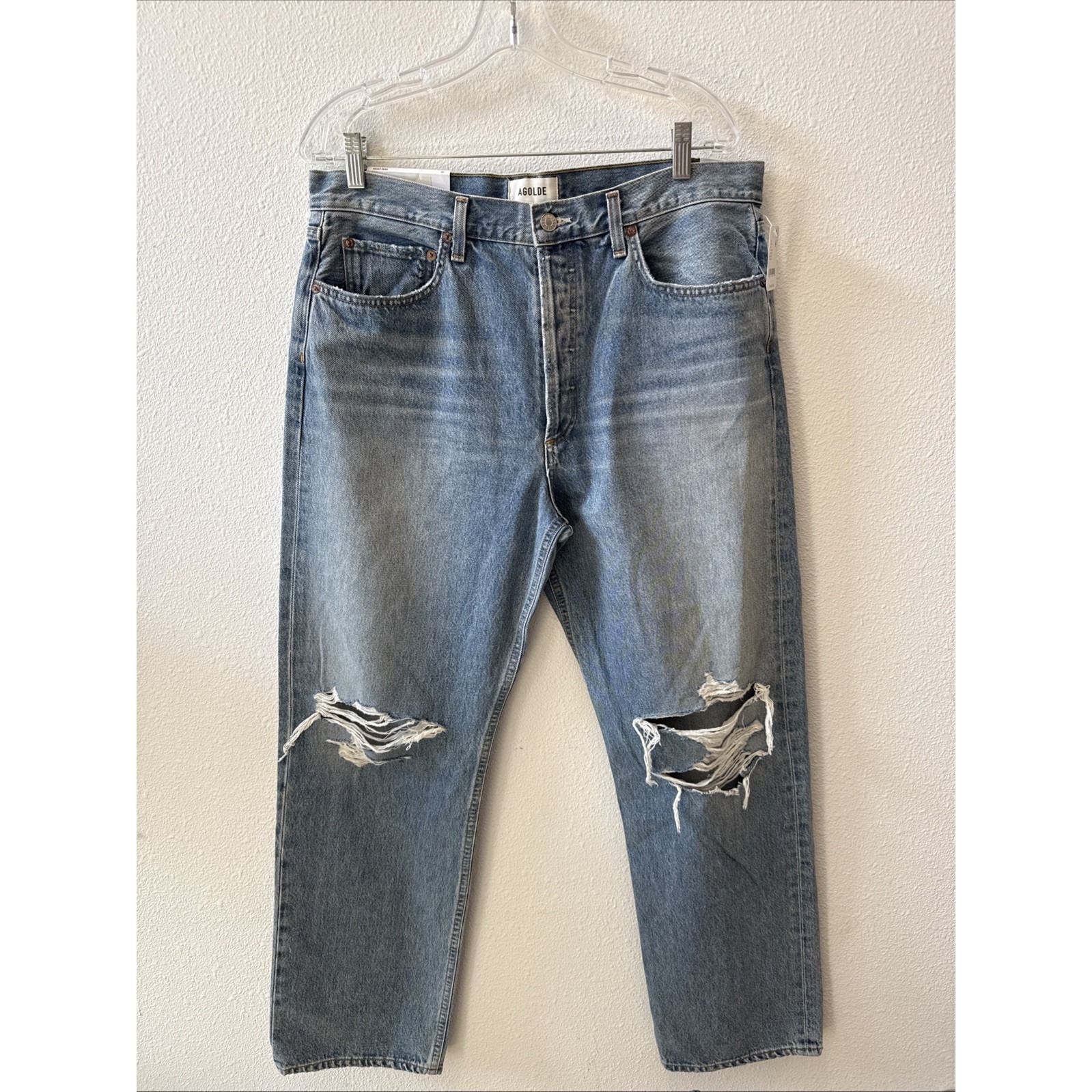 Agolde Kelly Jean High Rise Relaxed Straight Blue Distressed Denim Jeans Size 31
